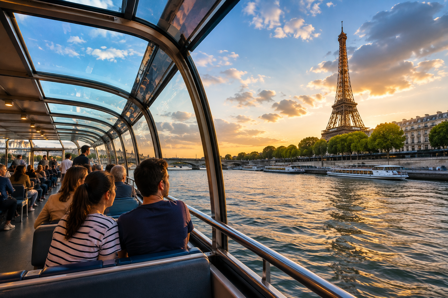 Sightseeing cruise boat departing from Port de la Bourdonnais pontoon beneath the Eiffel Tower in Paris