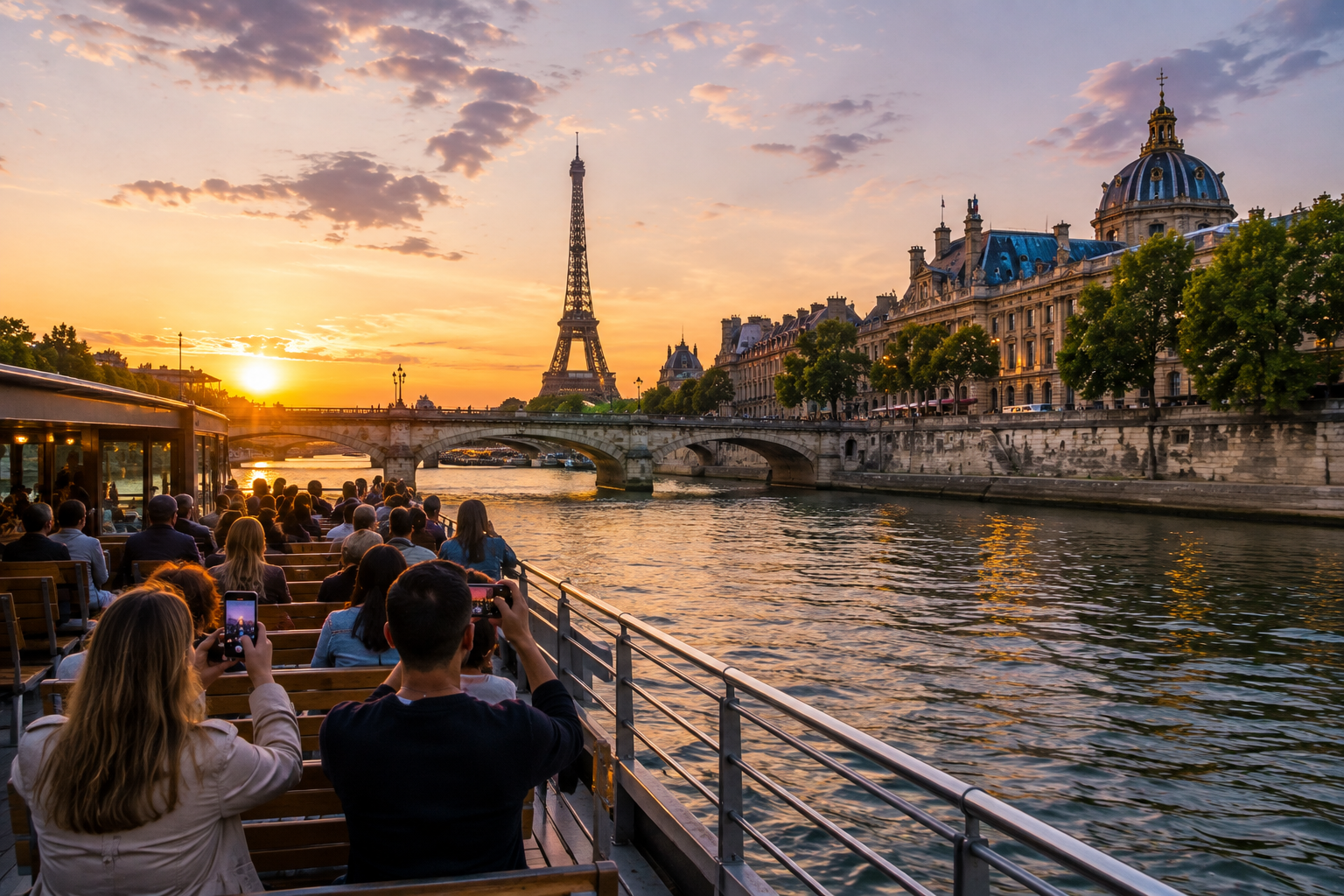 Seine River cruise at sunset in Paris with passengers viewing the Eiffel Tower and illuminated riverside landmarks.