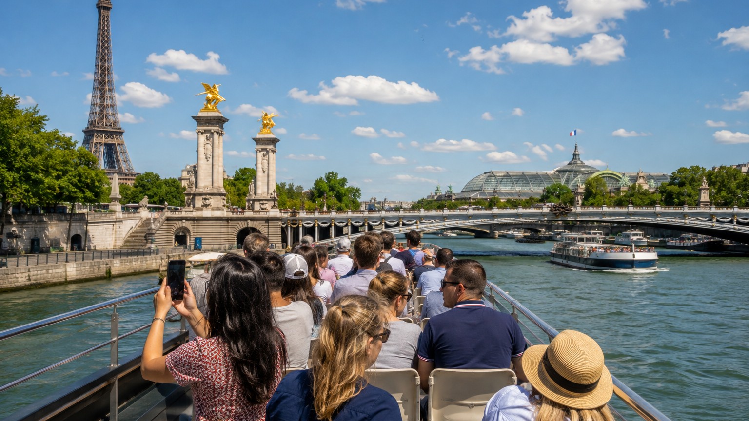 Daytime Seine River cruise in Paris with passengers viewing the Eiffel Tower, Pont Alexandre III and riverside landmarks.
