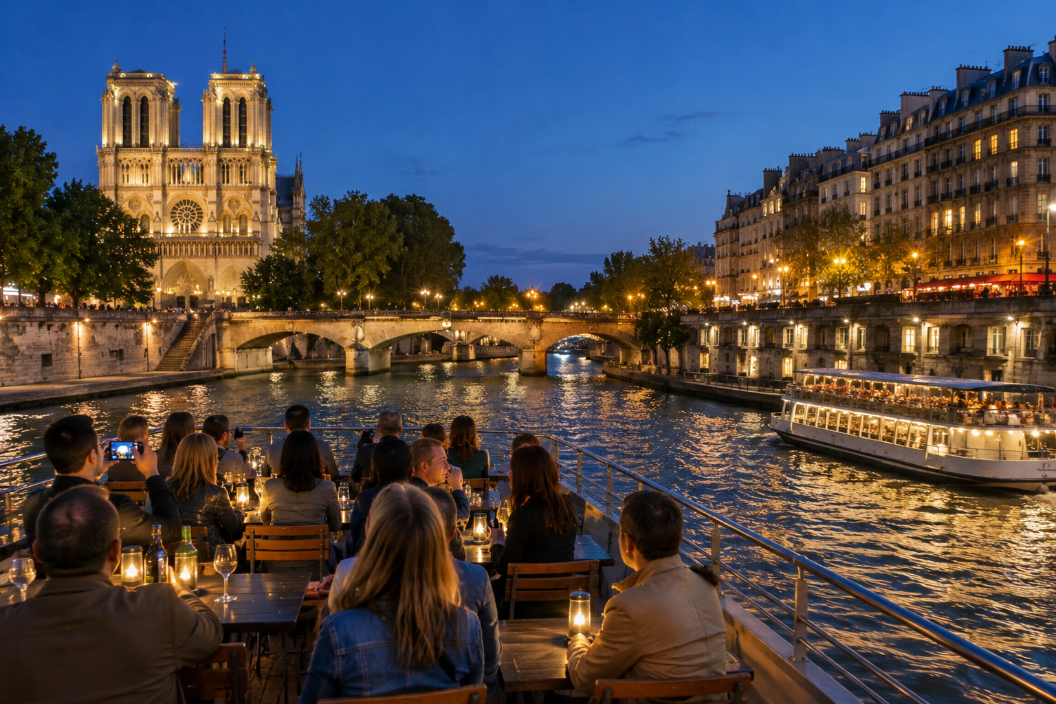 Seine River cruise at night in Paris with illuminated Notre-Dame Cathedral, historic bridges and passengers enjoying the city views.
