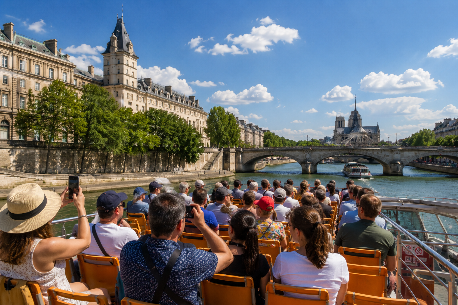 Passengers sightseeing on a Seine River cruise in Paris with Notre-Dame Cathedral, historic bridges and riverside architecture.