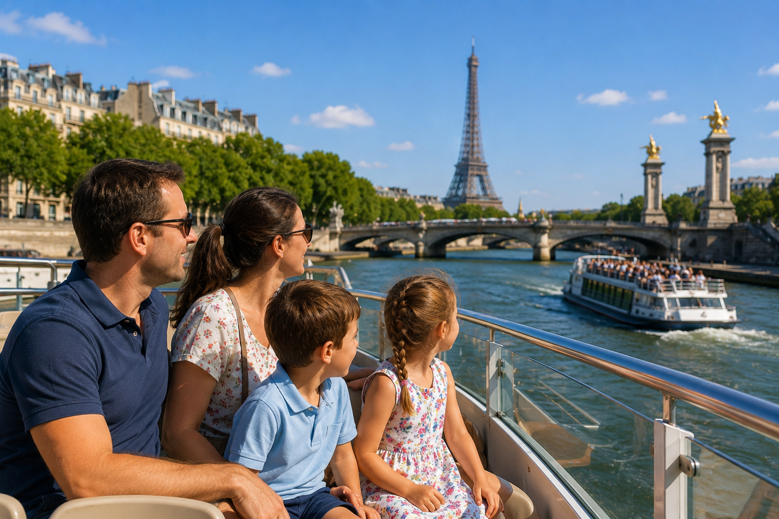 Family with children enjoying a daytime Seine River cruise in Paris with the Eiffel Tower and historic bridges in the background.