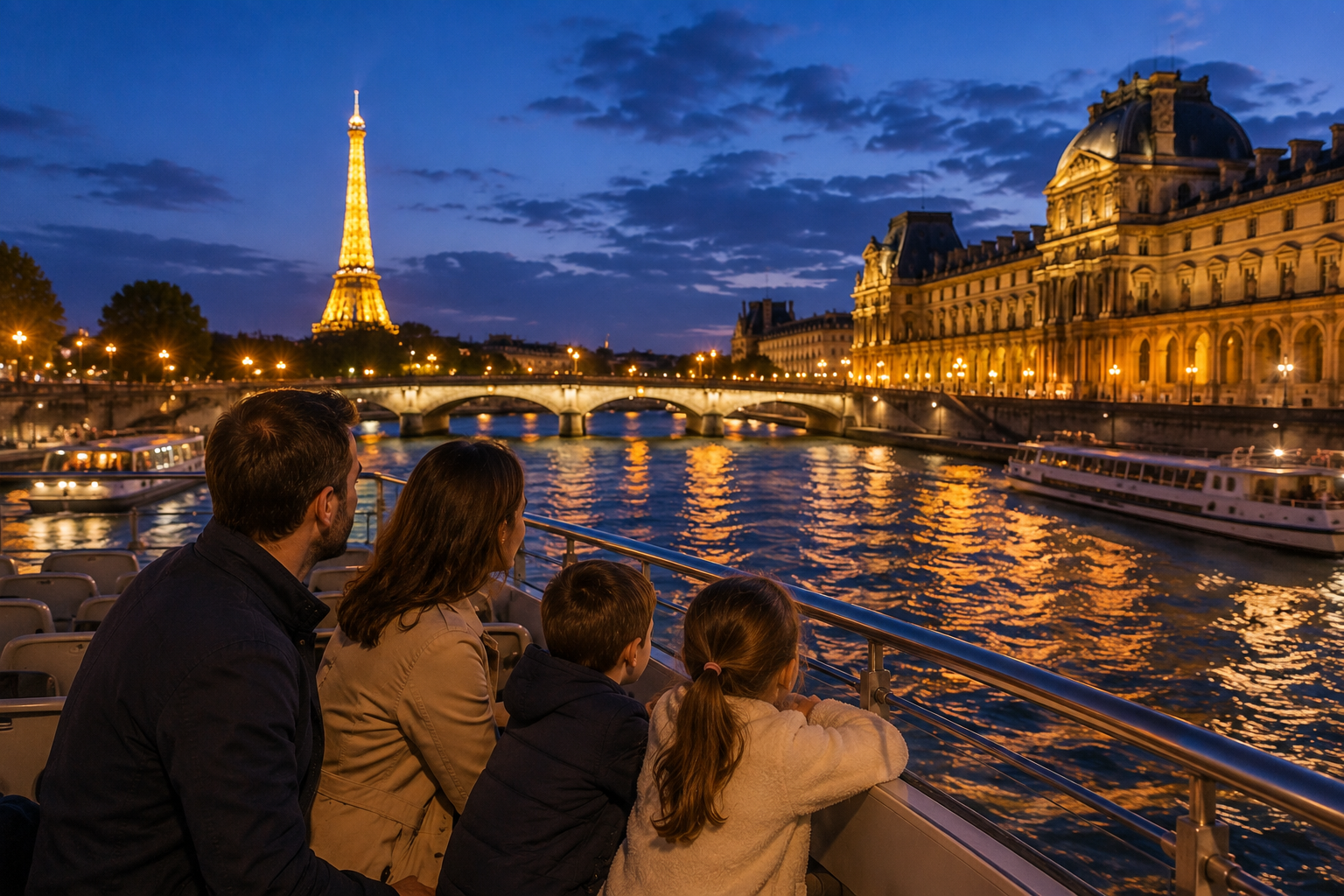 Family enjoying a Seine River cruise at night in Paris with the illuminated Eiffel Tower, historic bridges and city lights reflected on the water.