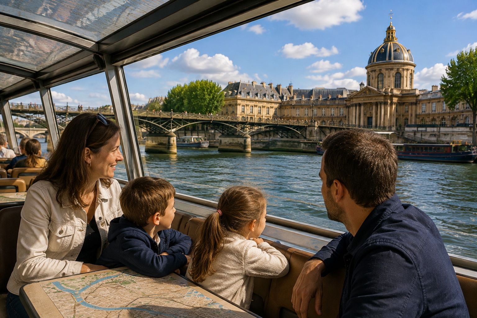 Family enjoying a daytime Seine River cruise in Paris with views of historic bridges and riverside architecture from inside the boat.