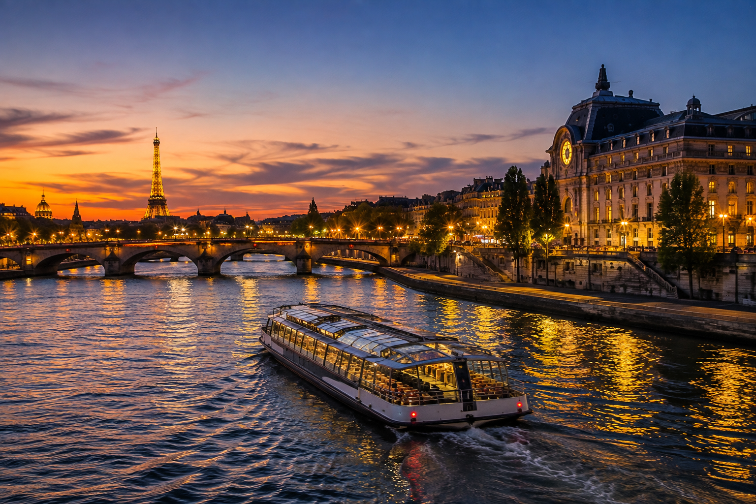 Seine River cruise at sunset in Paris with the illuminated Eiffel Tower, historic bridges and city lights reflecting on the water.