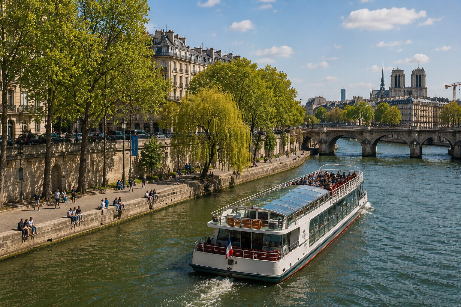 Morning Seine River sightseeing cruise in Paris passing historic riverside buildings, bridges and Notre-Dame Cathedral.