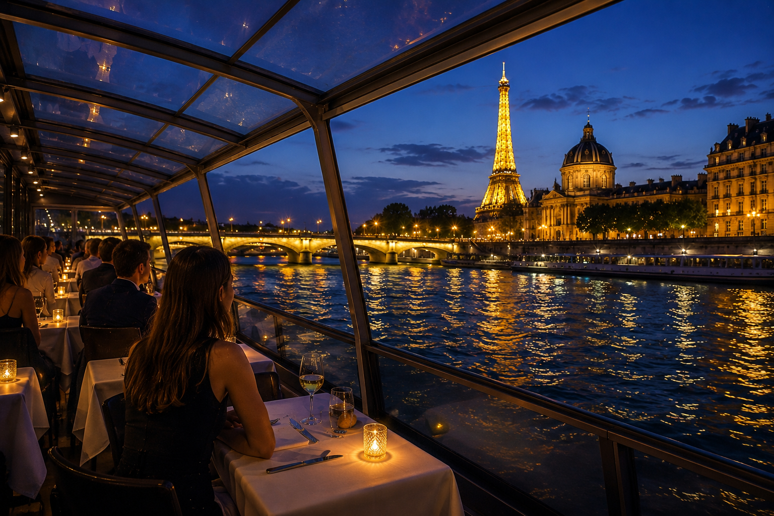 Evening Seine River dinner cruise in Paris with illuminated Eiffel Tower and city lights reflecting on the river.