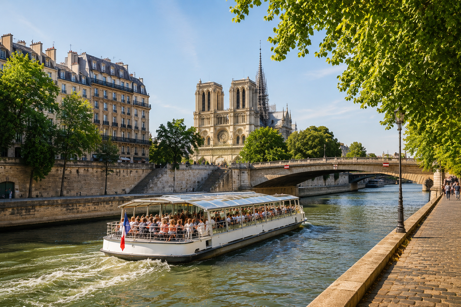 Standard sightseeing boat cruising along the Seine near Notre-Dame Cathedral and historic Paris riverbanks.