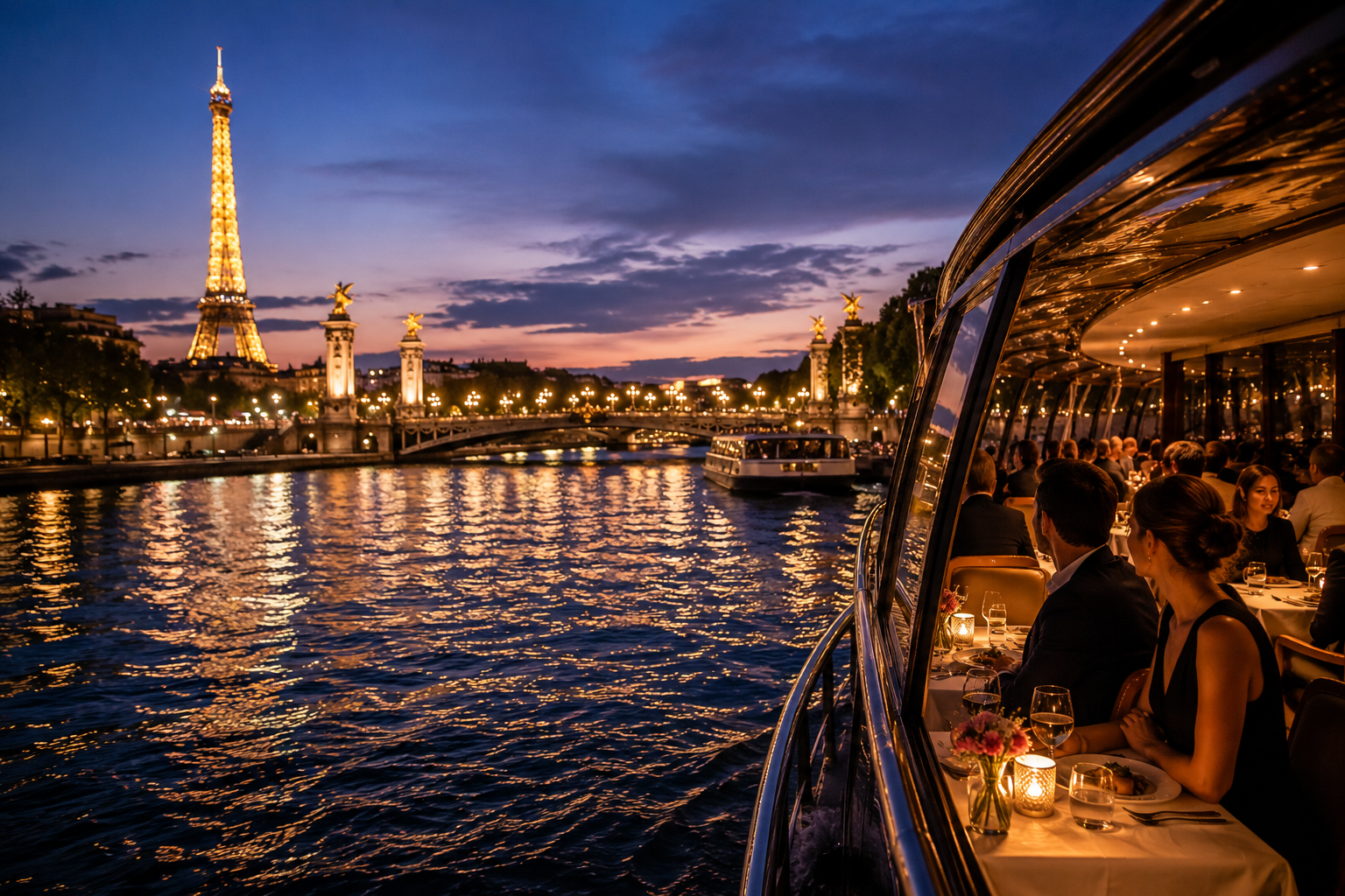 Evening dining cruise on the Seine passing the illuminated Eiffel Tower and Pont Alexandre III in Paris.