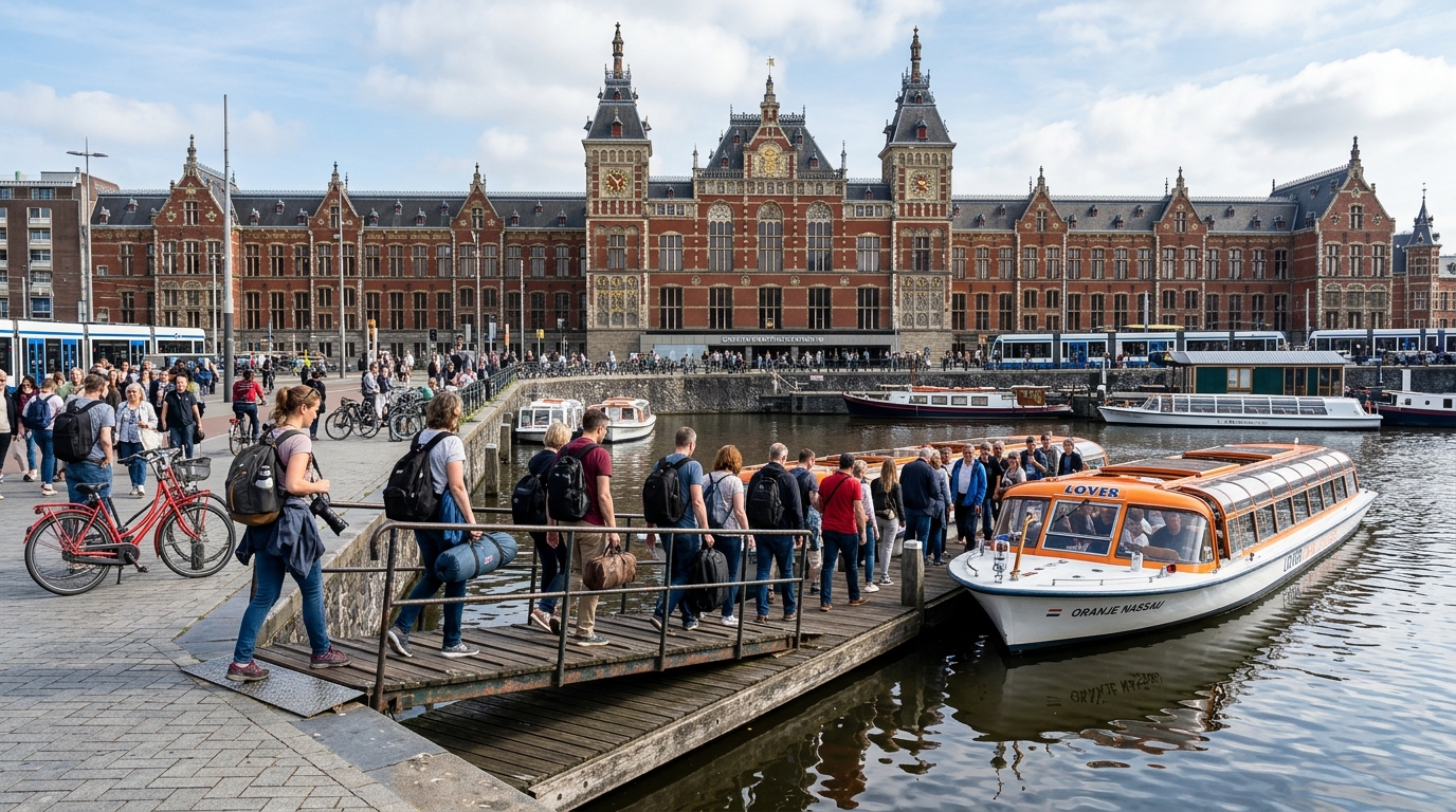 Passengers boarding a canal cruise boat at the Prins Hendrikkade pier opposite Amsterdam Centraal Station