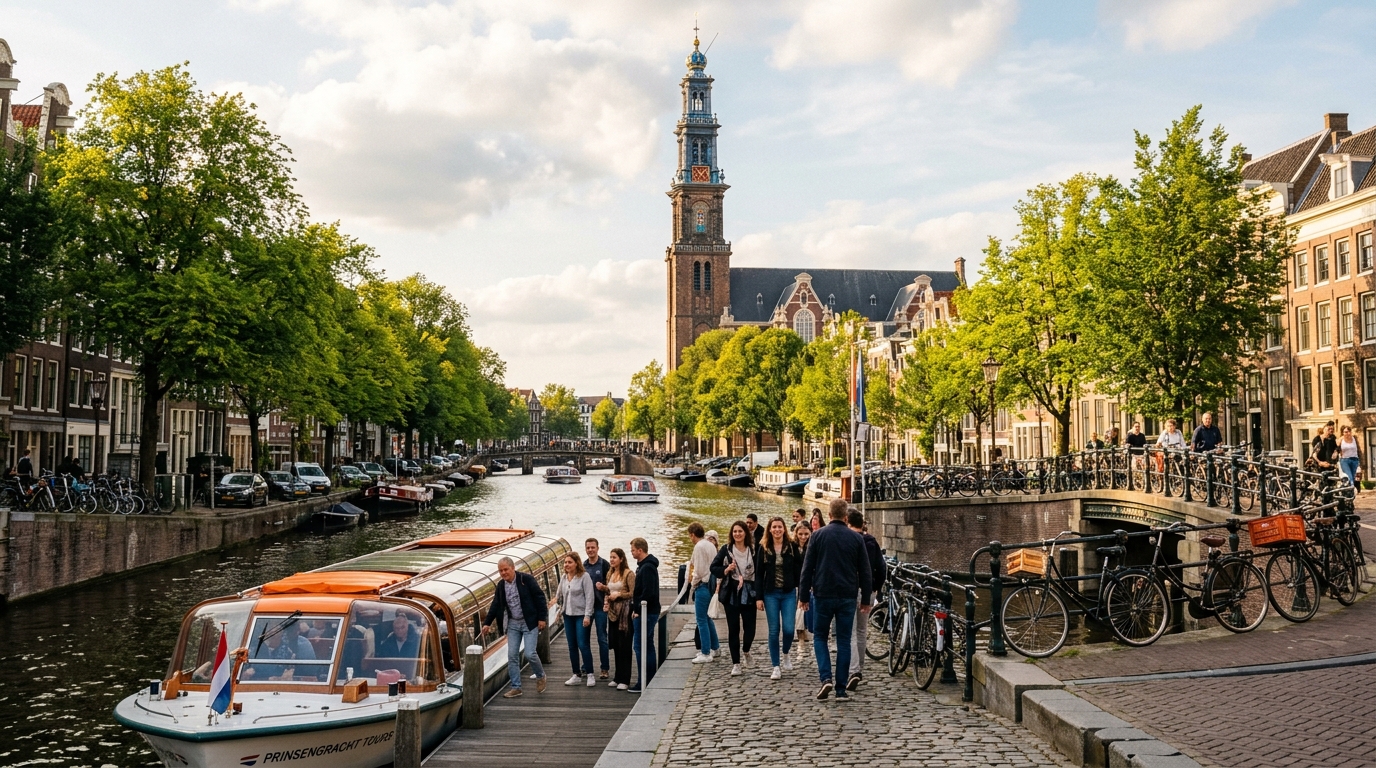 Canal tour boat picking up passengers at the Westermarkt pier on Prinsengracht near the Westerkerk church