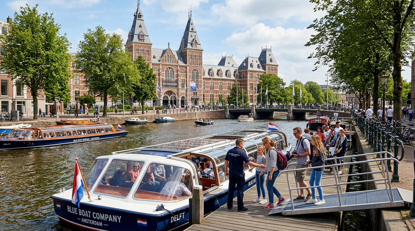 Amsterdam canal cruise boat boarding at the Stadhouderskade pier in front of the Rijksmuseum
